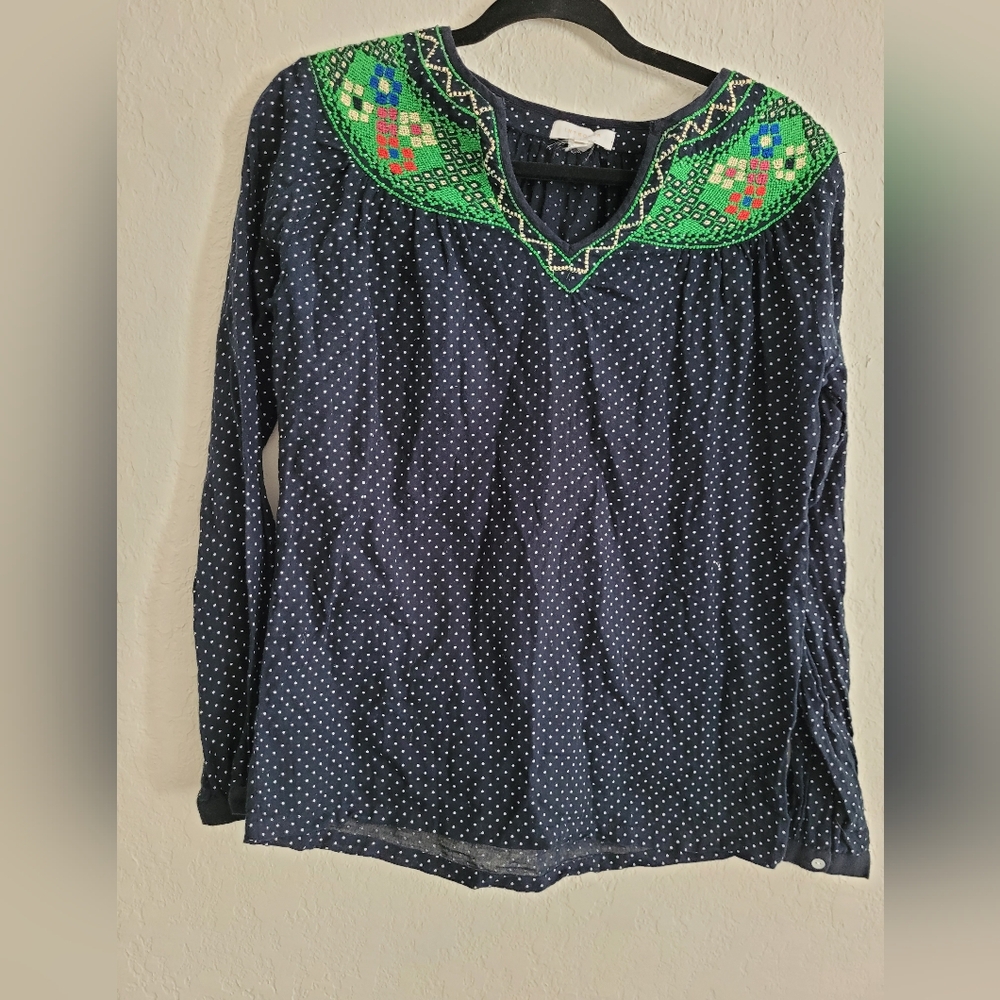 Intropia lightweight polka dot and embroidered long sleeve blouse | size 34